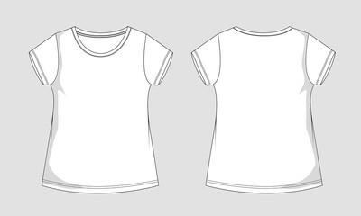 Regular fit Short sleeve basic t shirt vector template for ladies and baby girls. Technical fashion flat sketch with crew neckline illustration mock up front, back 