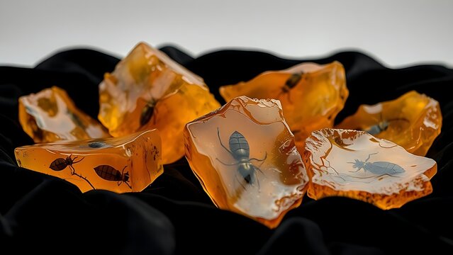 copal. Several raw amber copal resin pieces on black velvet with ancient inclusions. gardening catalogs, home-decor guides, designed for home decor and floral branding, used by video editors.