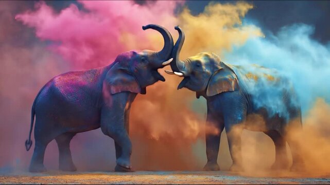 Two elephants clash amid a cloud of vibrant powder, sunset hues painting their mighty silhouettes!!!