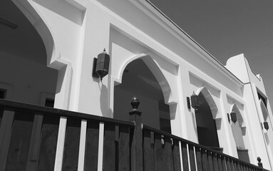 Architecture Traditional Arches Lowangle Monochrome. Islamic Facade Elegant Perspective Blackwhite