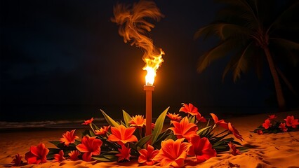 cryptogram. Tropical flowers and a flickering torch on a night beach. lifestyle magazines, social media lookbooks, designed for influencer and brand collaborations, drives engagement.