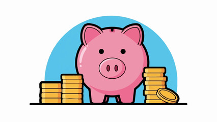 A pink piggy bank sits with stacks of gold coins © Fiana