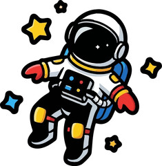 A playful cartoon astronaut floats amongst colorful, stylized stars in outer space © Fiana