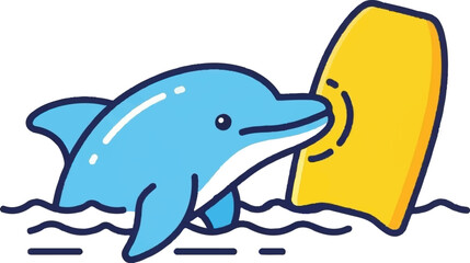 A playful cartoon dolphin swims alongside a yellow boogie board in blue wavy water