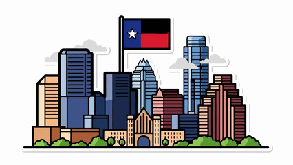 A vibrant flat illustration of a city skyline featuring diverse buildings, green trees, clouds, and a flag