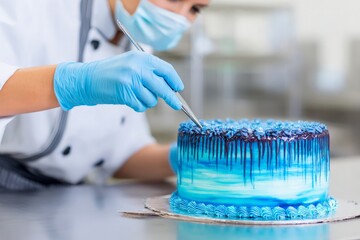 Professional pastry chef in mask and gloves meticulously decorates vibrant blue ombre cake, adding intricate topping