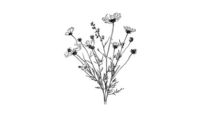 Single Photo Black and White Sketch of a Wildflower Bouquet line art