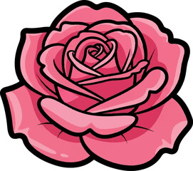 A single, stylized pink rose with dark outlines, showcasing detailed petals