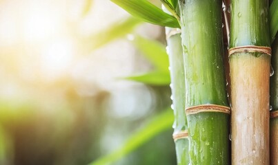 Obraz premium Close up of bamboo stalks with water droplets in natural sunlight environment