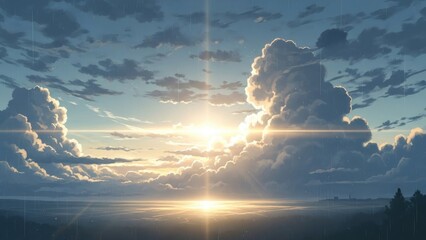 Dramatic anime-style sunset over a vast ocean horizon with glowing sun rays and majestic cumulus clouds, creating a serene and hopeful atmosphere.