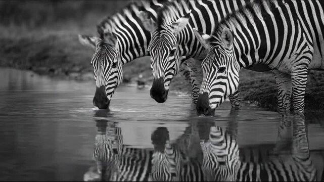 Three zebras drink at a calm water edge; their striped reflections blur in monochrome. Calm shadows