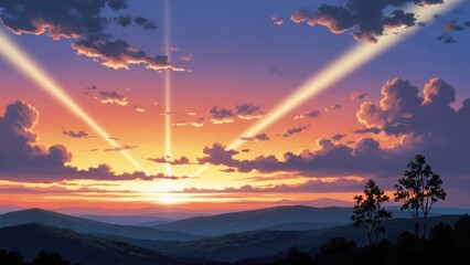 Breathtaking anime-style sunset over rolling mountains with dramatic god rays piercing through vibrant orange and purple clouds, creating a serene and magical landscape.
