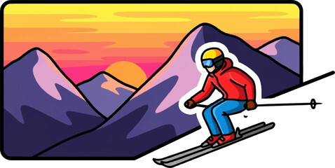 Fototapeta premium A skier in red jacket and blue pants descends a snowy mountain