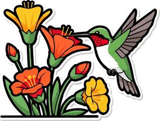 A vibrant illustration of a hummingbird sipping nectar from brightly colored flowers against a white background © Romi