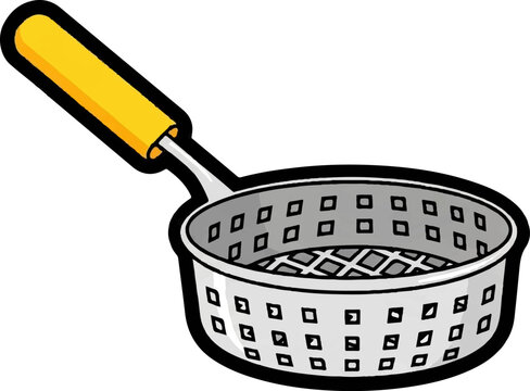A simple cartoon illustration of a kitchen strainer with a yellow handle
