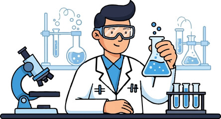 A smiling cartoon scientist in goggles and lab coat holds a flask, surrounded by laboratory equipment