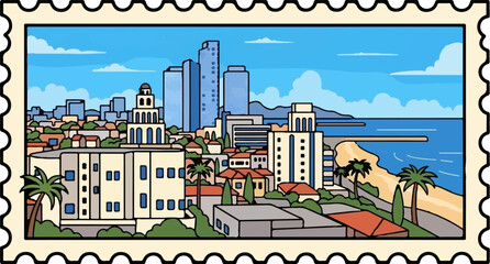 Obraz premium A vibrant cartoon cityscape on a sunny coast with diverse buildings, palm trees, and a beach, framed as a stamp