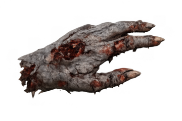 Zombie hand showing decaying flesh and gore, severed monster limb for horror, halloween, and scary themes on transparent background