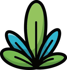 A stylized plant with green and blue oval leaves, outlined in black