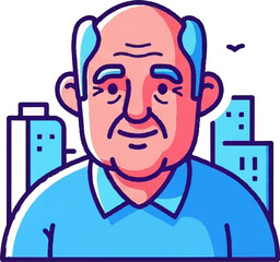 A stylized portrait of a smiling elderly man with blue buildings and a bird in the background