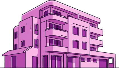 A stylized purple building with balconies and windows, rendered in a simple, graphic style