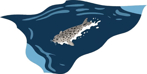 A spotted seal swims through dark blue water with white splashes © Gerhana