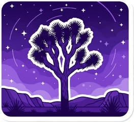 A stylized purple desert landscape at night with a silhouetted Joshua tree under a starry sky