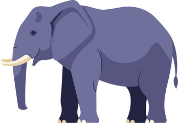 A stylized, purple elephant with tusks stands facing left on a white background