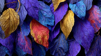 Textured Autumn Leaves in Deep Purple, Blue, Gold, and Red Tones image photo