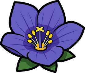 A stylized purple flower with yellow pistils and green leaves