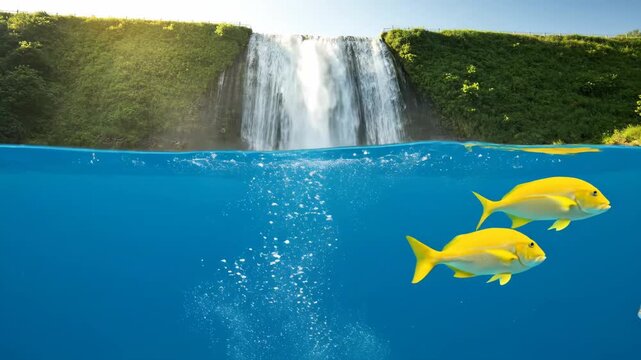 Underwater scene featuring yellow and silver fish swimming, with a waterfall backdrop, lush greenery, a sunny sky, and blue water filled with bubbles.