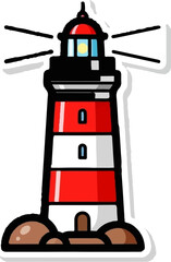 A stylized red and white striped tower with a bright lamp emits beams of light