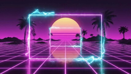 Neon portal in retro futuristic landscape with pink and blue neon lights and grid texture for digital art HD & 4K stock video Royalty-free footage Best trending - Powered by Adobe