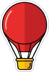 A stylized, red hot air balloon with a yellow basket floats upwards against a white background