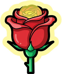 A stylized red rose with a yellow center, set against a soft yellow glow