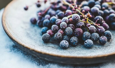 Close up of frosty grape bunch on a plate for culinary or seasonal themes