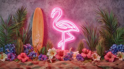 Tropical Scene With Flamingo Neon Sign And Surfboard 527cc1529039 elements8k Photo