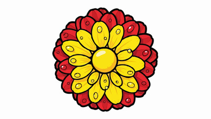 A stylized, round flower with yellow petals inside red outer petals and dew drops