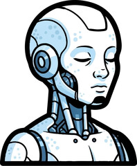 A stylized robot head and shoulders, rendered in blue and white, with closed eyes
