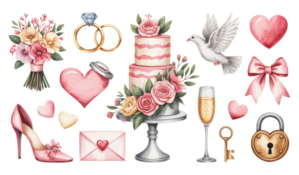 Watercolor wedding clipart collection with cake rings flowers and romantic symbols