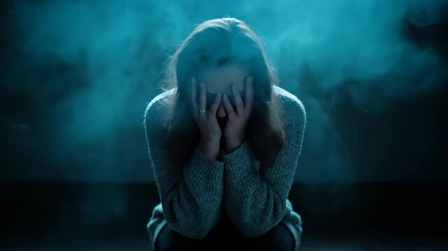 A young woman, overwhelmed with emotion, covers her face in a teal lit smoky room, conveying sadness and mental anguish. Wearing a light colored sweater in a studio shot.