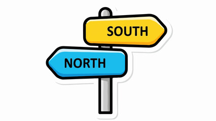 A stylized signpost displays "NORTH" on a blue arrow and "SOUTH" on a yellow arrow, pointing in opposite directions
