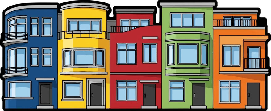 A vibrant row of diverse, colorful cartoon houses with multiple windows and balconies, depicting urban dwellings