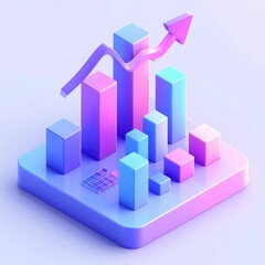 3D Business Analytics Illustration Showing Growth Charts, Bar Graphs and Upward Arrow in Modern Style