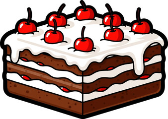 A stylized square slice of chocolate layer cake with white frosting dripping down and red cherries on top
