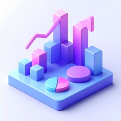 3D Business Analytics Illustration Showing Growth Charts, Bar Graphs and Upward Arrow in Modern Style
