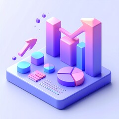 3D Business Analytics Illustration Showing Growth Charts, Bar Graphs and Upward Arrow in Modern Style