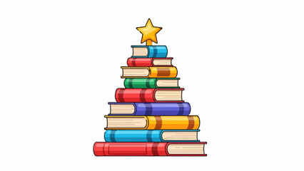 A stylized stack of books forms a Christmas tree, topped with a golden star