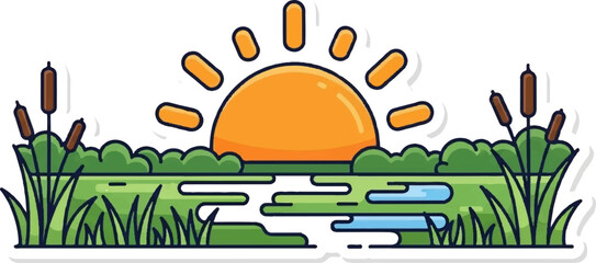 A stylized sunrise over a grassy marsh with reeds and a calm water surface