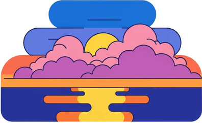 A stylized sunrise or sunset over abstract, layered water and sky